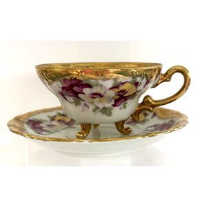 VTG Saji Fancy China Teacup & Saucer Japan Footed Gold Floral Pansy Tea Cup Set